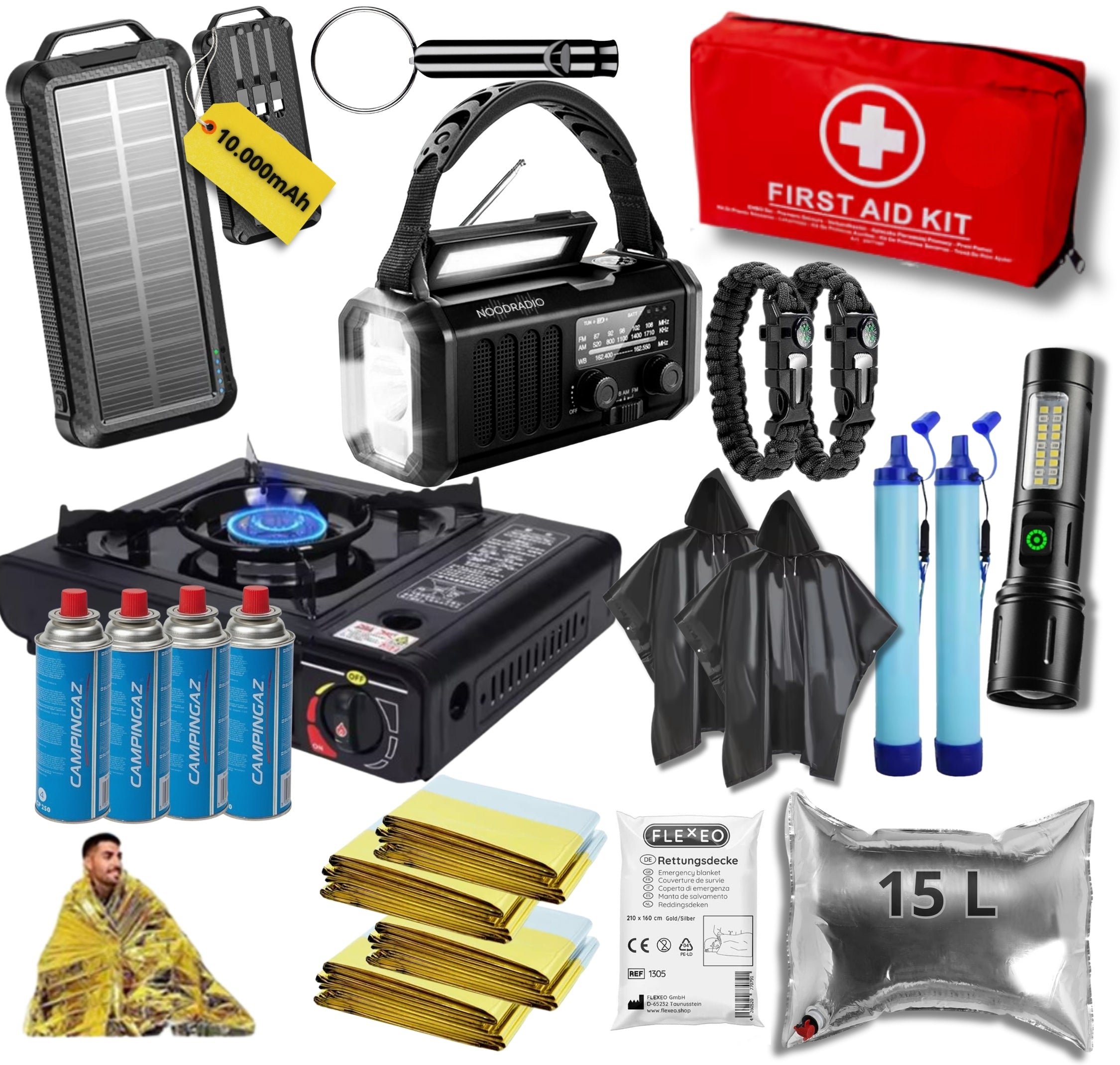 Noodpakket XXL Compleet – 10.000mAh Noodradio, Camping Kooktoestel, Waterfilters, Poncho’s &amp; Survival Tools