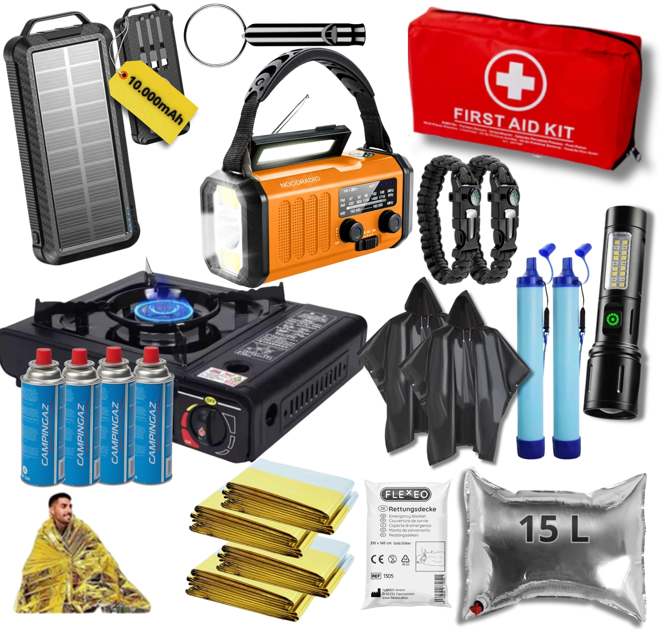 Noodpakket XXL Compleet – 10.000mAh Noodradio, Camping Kooktoestel, Waterfilters, Poncho’s &amp; Survival Tools