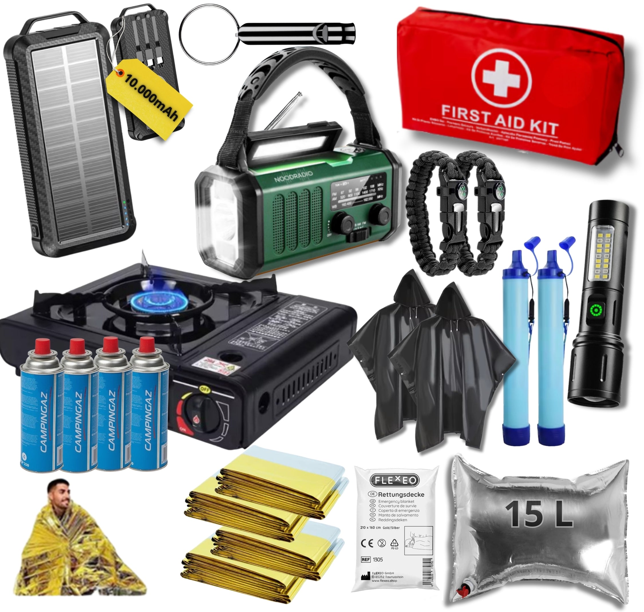 Noodpakket XXL Compleet – 10.000mAh Noodradio, Camping Kooktoestel, Waterfilters, Poncho’s &amp; Survival Tools