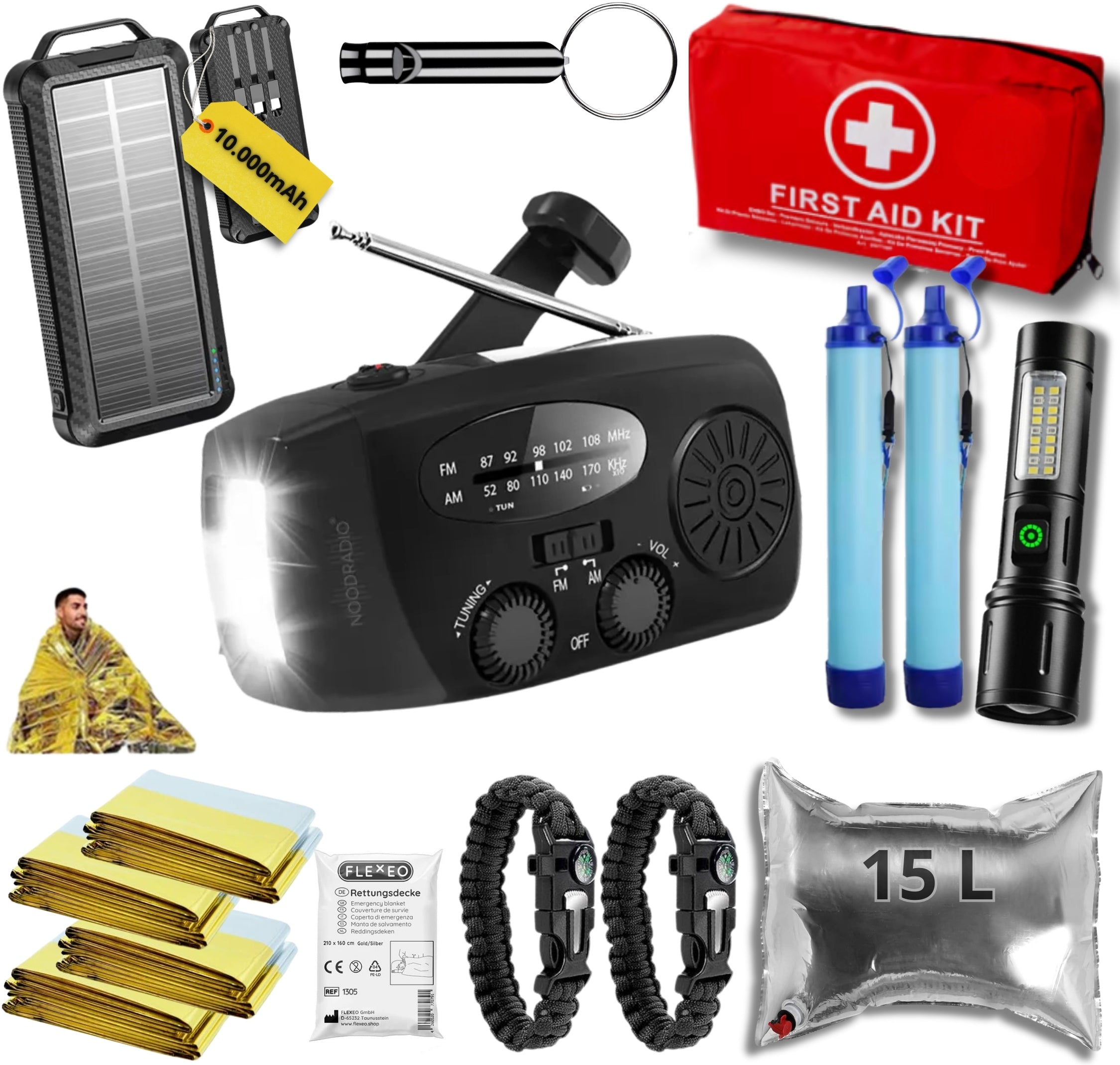 Noodpakket L met Powerbank-Noodradio-Waterfilter-Waterzak-Survival Armband & Tactical Zoom Zaklamp