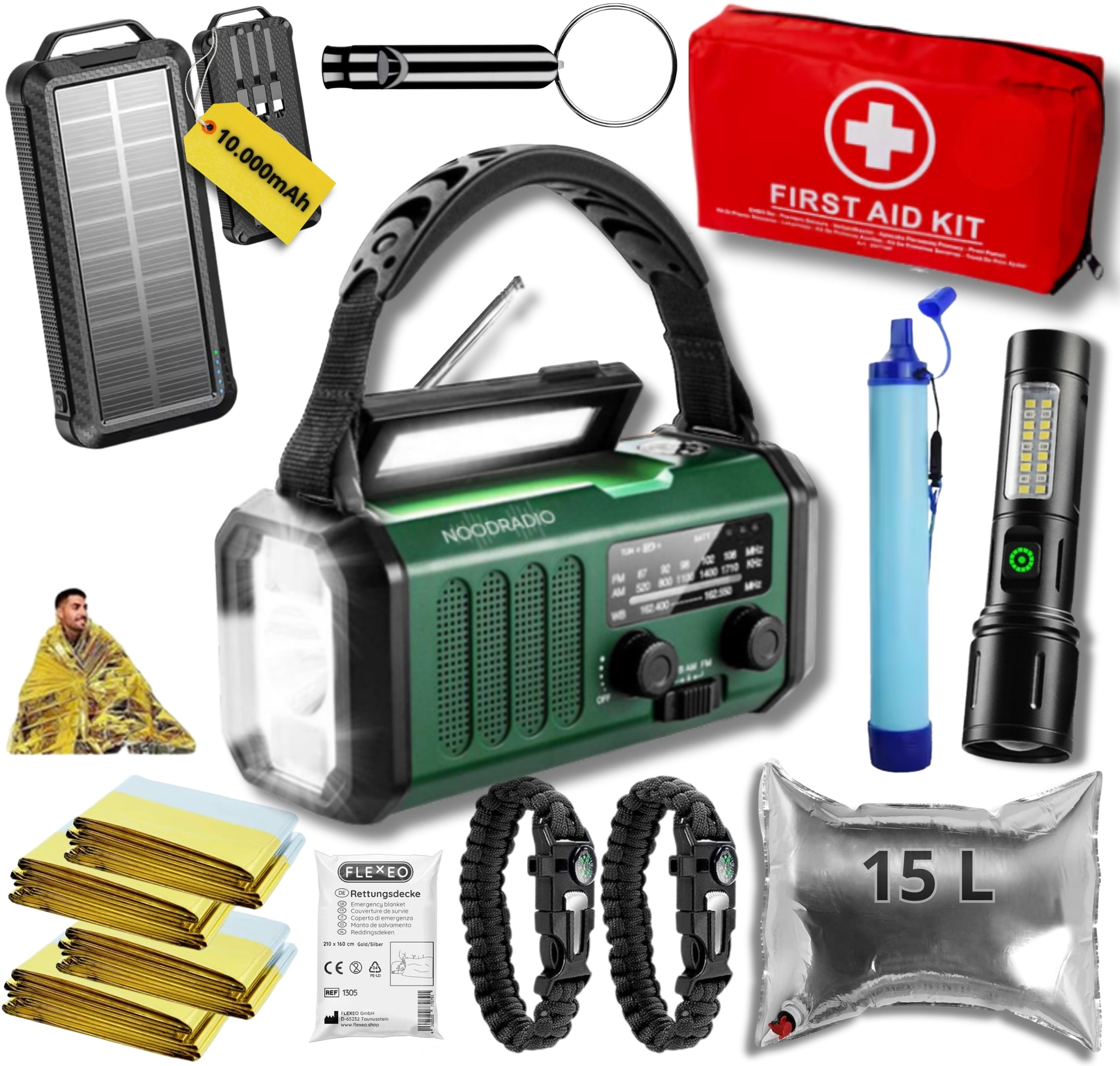 Noodpakket XL met Powerbank-Noodradio-Waterfilter-Waterzak-Survival Armband & Tactical Zoom Zaklamp