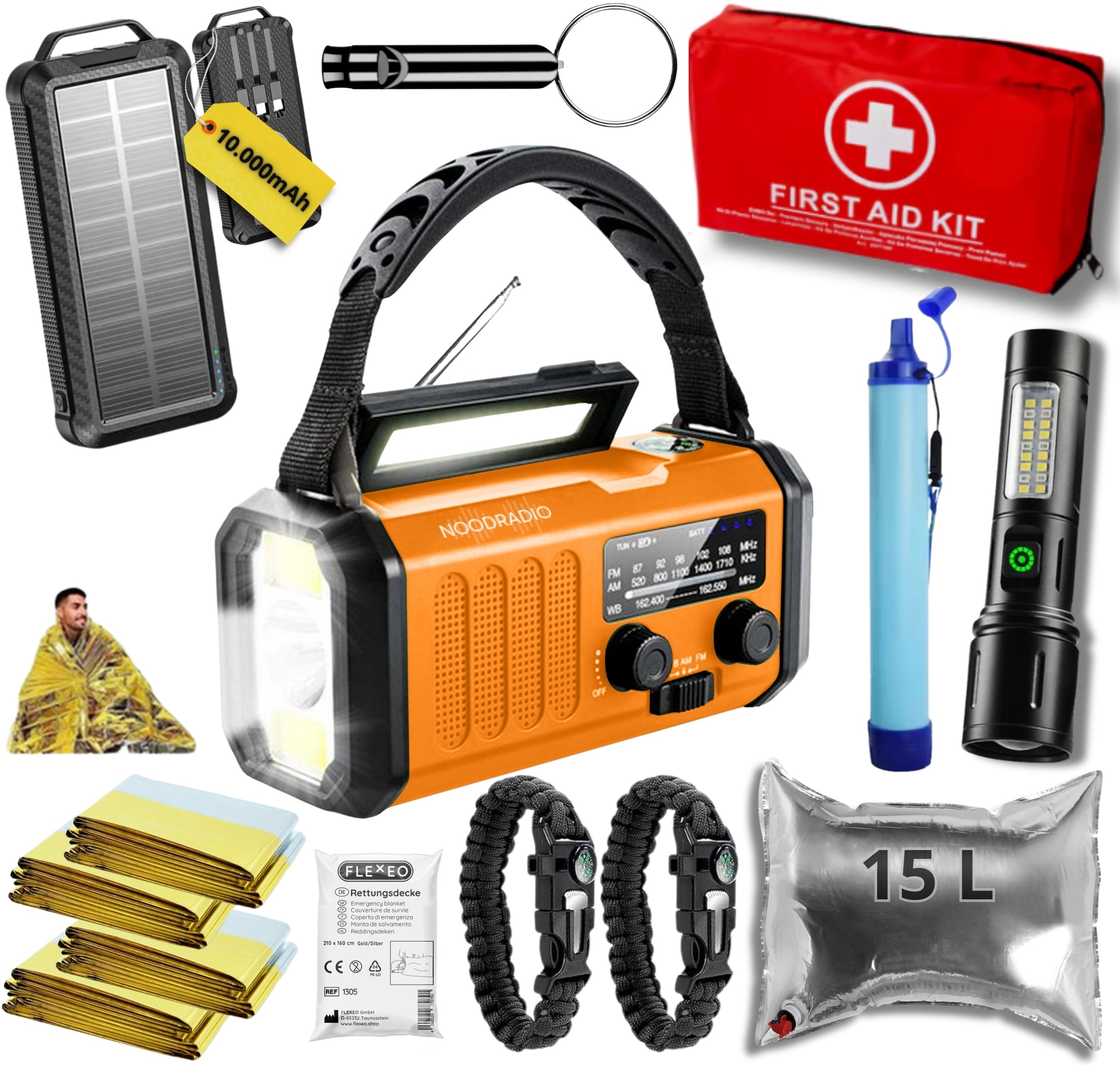 Noodpakket XL met Powerbank-Noodradio-Waterfilter-Waterzak-Survival Armband & Tactical Zoom Zaklamp