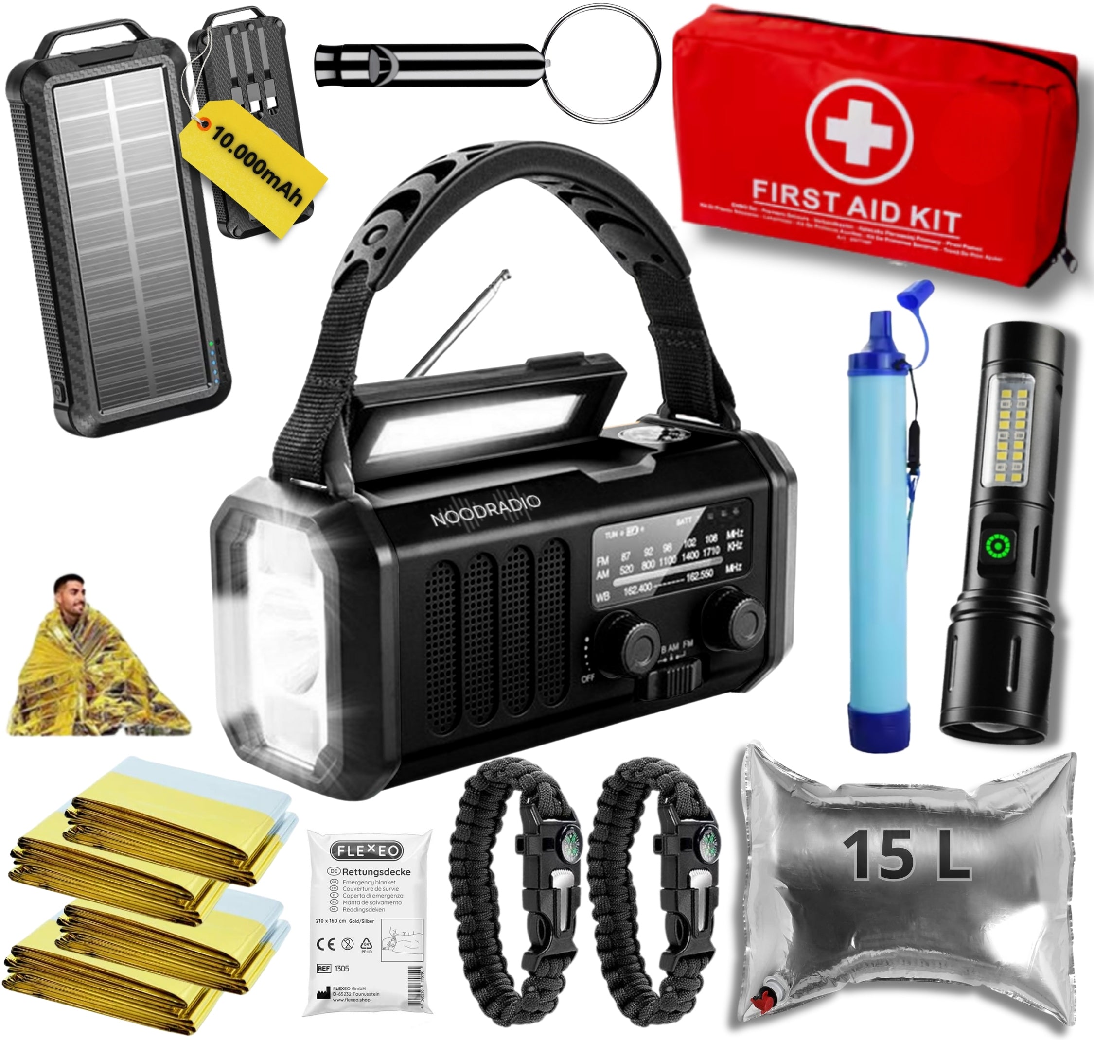 Noodpakket XL met Powerbank-Noodradio-Waterfilter-Waterzak-Survival Armband & Tactical Zoom Zaklamp