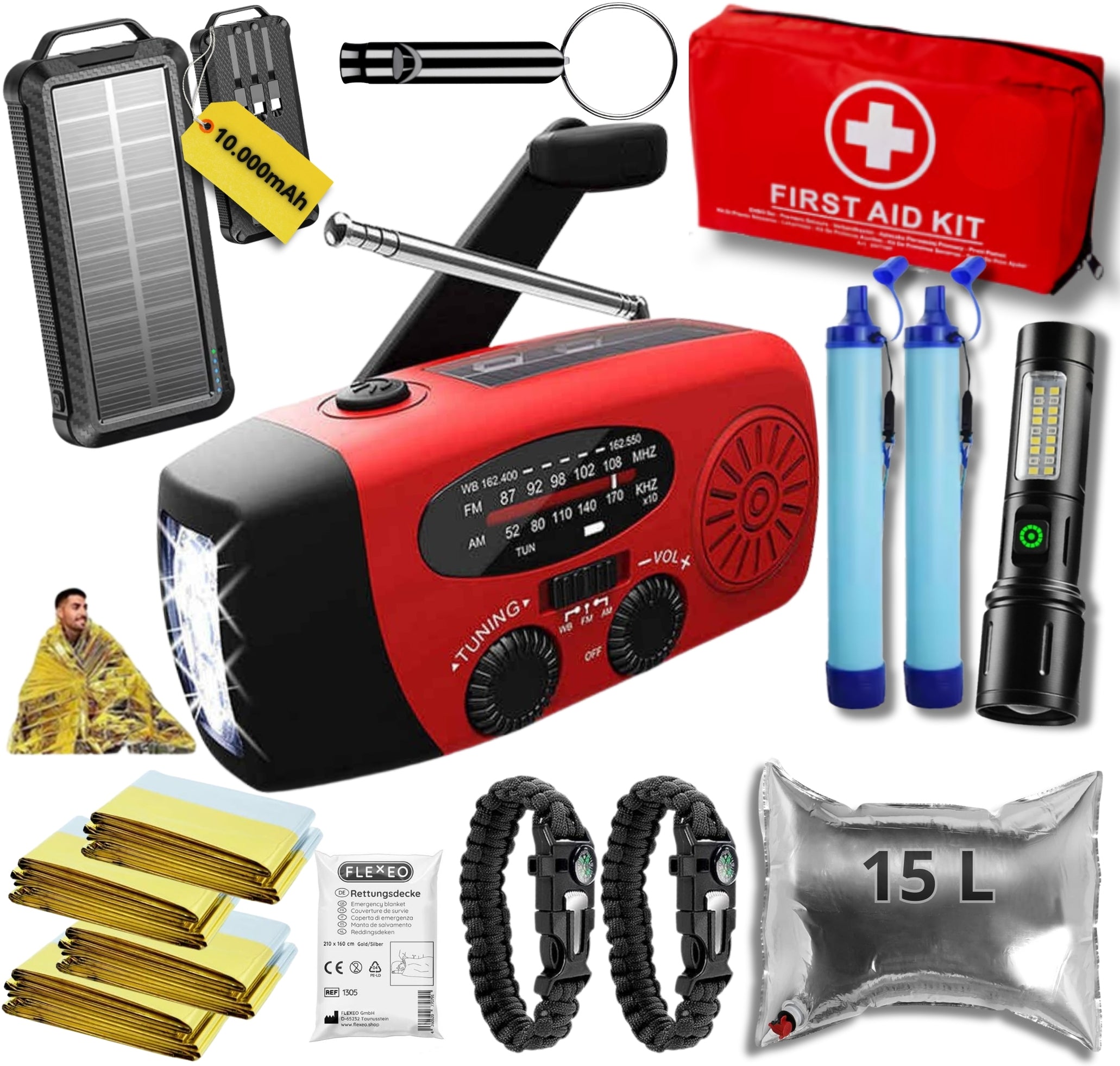 Noodpakket L met Powerbank-Noodradio-Waterfilter-Waterzak-Survival Armband & Tactical Zoom Zaklamp